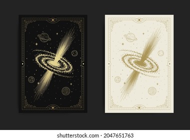 Mystical black hole at starry space in golden engraving, hand drawn, line art, luxury, celestial, esoteric, boho style