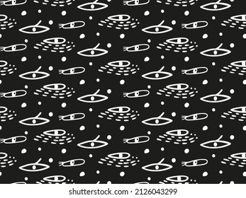 Mystical black patterned background with white eyes. Esoteric seamless wallpaper. Abstract witch look. Hand-drawn all-seeing divine eye. Contrasting print to create talisman design against evil eye.