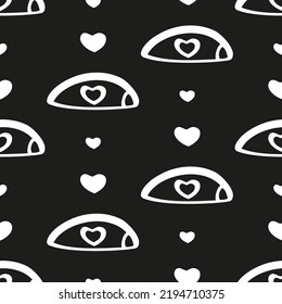 Mystical black patterned background with white eyes. Esoteric seamless wallpaper. Abstract witch look. Hand-drawn all-seeing divine eye. Contrasting print to create talisman design against evil eye