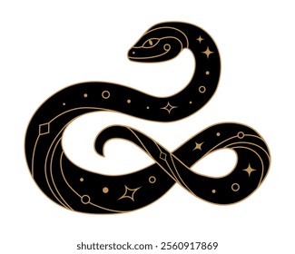 Mystical black snake with golden geometric design elements. Symbol of Chinese New Year 2025. Vector illustration isolated on transparent background