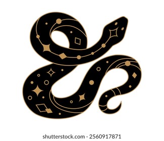 Mystical black snake silhouette with golden geometric design elements. Symbol of Chinese New Year 2025. Vector illustration isolated on transparent background
