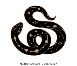 Mystical black snake silhouette with golden geometric design elements. Symbol of Chinese New Year 2025. Vector illustration isolated on transparent background