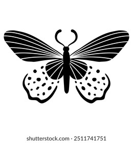 Mystical black and white moth with intricate, exotic wing patterns. Magic flying butterfly. Hand-drawn esoteric design ideal for tattoos, logos, and nature-themed projects. Celestial illustrations.