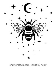 Mystical black and white vector illustration of a bee with outstretched wings, filled with stars, flying under a crescent moon. Perfect for tattoos, prints, spiritual art, and cosmic-themed designs.