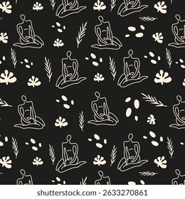 Mystical black and white vector seamless pattern with hand drawn magical elements, sun, stars, plants, linear body. Magic ornament for wallpaper, fabric, prints, textile, clothes