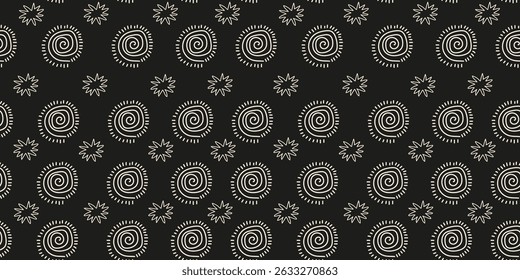 Mystical black and white vector seamless pattern with hand drawn magical elements, sun, stars, plants, linear body. Magic ornament for wallpaper, fabric, prints, textile, clothes