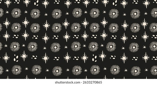 Mystical black and white vector seamless pattern with hand drawn magical elements, sun, stars, plants, linear body. Magic ornament for wallpaper, fabric, prints, textile, clothes