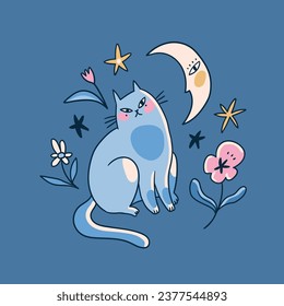 Mystical blue cat poster design. Magic card with cute cat and moon. Vector animal illustration in hnad-drawn style.