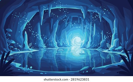 Mystical blue cave with sharp stalactites, glowing bioluminescent plants, and a magical portal reflecting on the water.
