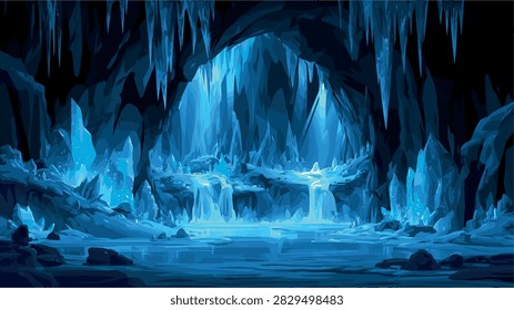 Mystical Blue Ice Cave Interior with Glowing Crystals and Waterfall