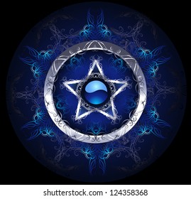 mystical, blue, patterned silver star on a black background.