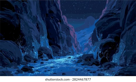 Mystical Blue River Flowing Through Dark Starry Canyon Night