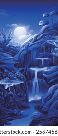 A mystical blue-toned forest scene under a full moon, featuring a cascading waterfall that flows through multiple tiers of rock formations. The landscape is adorned with exotic plants and flowers,