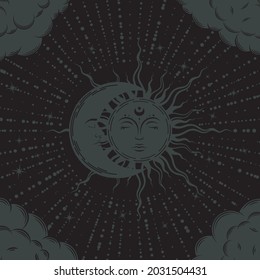 Mystical boho background including the sun and the moon with faces, clouds and stars. Vector illustration in retro style on black backdrop. Esoteric banner with magical signs