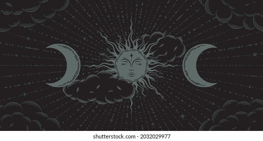 Mystical boho background including the sun with face, the moon, clouds and beams. Vector illustration in retro style on black backdrop. Esoteric banner with magical signs