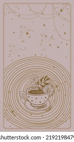 Mystical boho banner with magic drink mug, tea time, morning coffee cup. Background for tarot, astrology, fortune telling. Cute hand drawn illustration with copy space, vintage vector card.