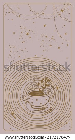 Mystical boho banner with magic drink mug, tea time, morning coffee cup. Background for tarot, astrology, fortune telling. Cute hand drawn illustration with copy space, vintage vector card.