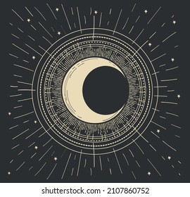 Mystical boho card with shining golden crescent moon on the night sky, vintage design. Vector lineart illustration, poster on a black background.