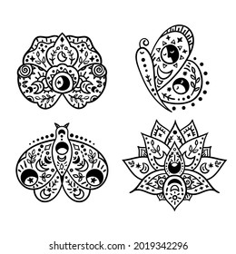 Mystical boho celestial butterfly and flowers isolated cliparts bundle, mystical collection, moon and stars, magic line crescent moon, esoteric objects - black and white vector illustration set