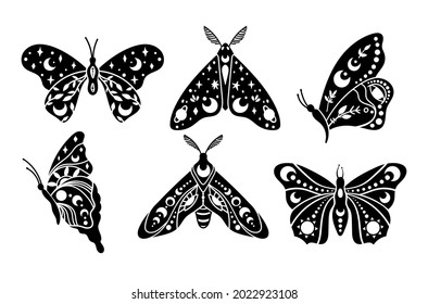 Mystical boho celestial butterfly and moth isolated cliparts bundle, mystical collection, moon and stars ornament, magic line crescent moon, esoteric objects - black and white vector illustration set