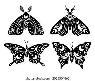 Mystical boho celestial butterfly and moth isolated cliparts bundle, mystical silhouette collection, moon and stars ornament, magic crescent moon, esoteric objects - black and white vector set