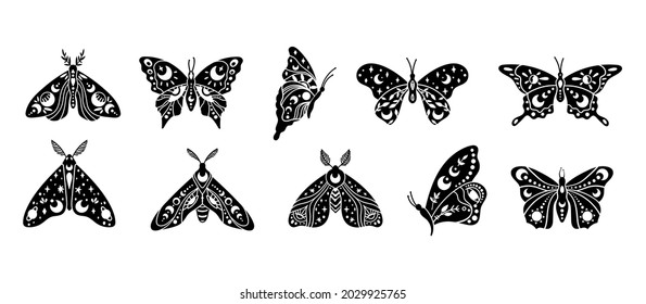 Mystical boho celestial butterfly and moth isolated cliparts bundle, mystical collection, moon and stars ornament, magic line crescent moon, esoteric objects - black and white vector illustration set