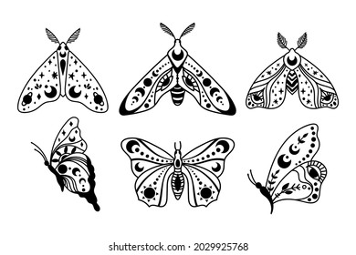 Mystical boho celestial butterfly and moth isolated cliparts bundle, mystical collection, moon and stars ornament, magic line crescent moon, esoteric objects - black and white vector illustration set