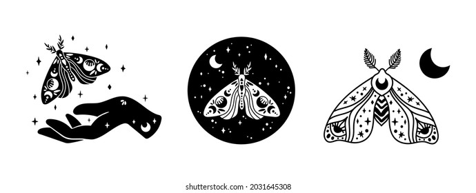 Mystical boho celestial butterfly or moth isolated cliparts bundle, mystical collection, witch hand, moon and stars magic line and silhouette esoteric objects - black and white vector illustration set