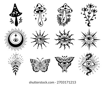 Mystical boho celestial set, Vector illustration. Flower moon, sun, Eye, Crystal, Hand drawn logo line art