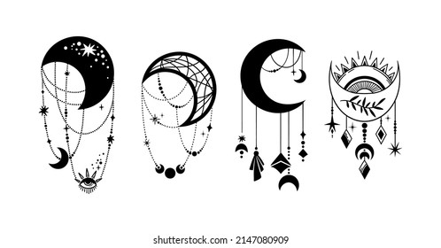Mystical boho crescent moon isolated clip art bundle, celestial crystal moon collection, magic space set, silhouettes of luna, esoteric objects - black and white vector