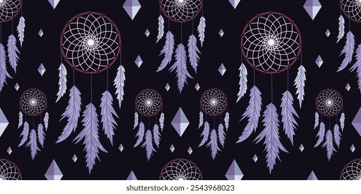 Mystical boho dreamcatcher seamless pattern with intricate webs and delicate purple feathers on black background. Mystical dream symbol in vector flat style. For magical decor, accessories, prints.