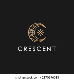 mystical boho elegant crescent moon and star logo design line icon vector in Bohemian luxury style outline linear illustration.