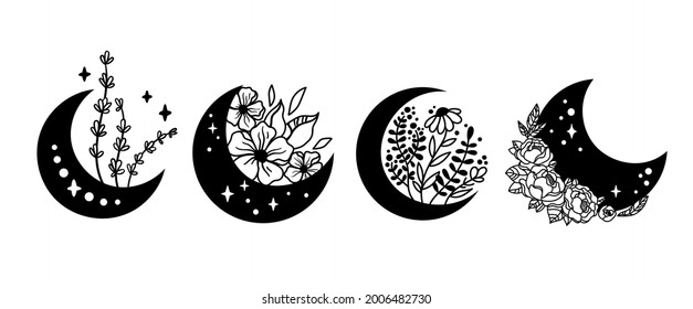 Mystical boho floral moon isolated cliparts bundle, celestial collection, moon and flowers set, magic line crescent moon bundle, esoteric objects - black and white vector