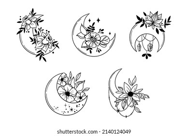 Mystical boho floral moon isolated cliparts bundle, celestial magic moon collection, space flowers and crescent moon line images, witchy esoteric objects - black and white vector