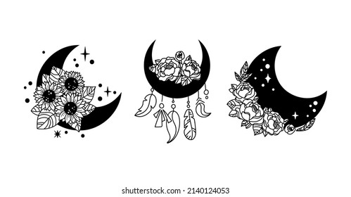 Mystical boho floral moon isolated cliparts bundle, celestial magic moon, space peony flowers and sunflowers silhouettes, witchy esoteric objects - black and white vector