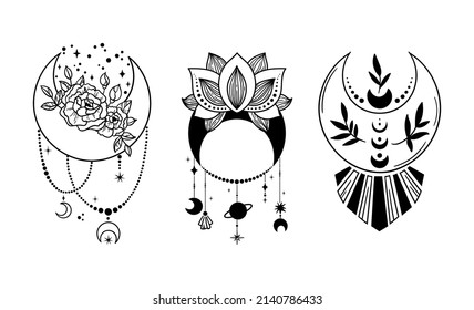 Mystical boho floral moon isolated cliparts bundle, celestial magic moon collection, space flowers and crescent moon line images, witchy esoteric objects - black and white vector