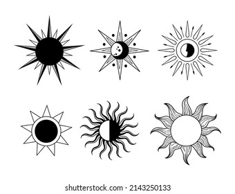 Mystical boho floral moon isolated cliparts bundle, celestial magic moon collection, space flowers and crescent moon line images, witchy esoteric objects - black and white vector