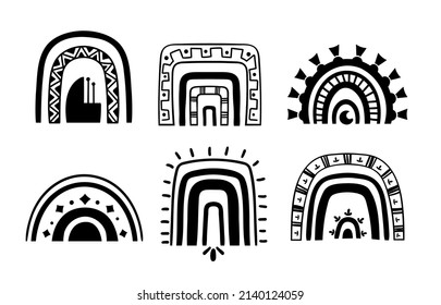 Mystical boho geometric rainbow isolated cliparts bundle, celestial moon and rainbows set, magic whimsical black silhouette images, esoteric objects - black and white vector