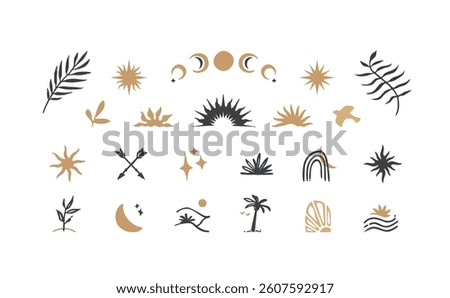 Mystical boho icon set. Celestial and natural design elements, perfect for web, cover stories, printing and posts. Isolated abstract vector symbols on white background.