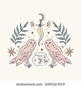 Mystical boho line hand drawn owl. Minimalist esoteric owls, moon, dagger, jar kettle. Good for tattoo print, astrology leaflet or app, witchcraft esoteric banner sketch