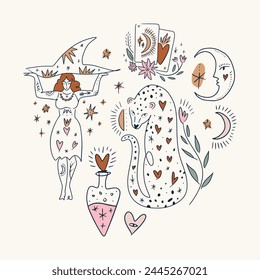 Mystical boho line hand drawn redhead witch girl and leopard set. Minimalist esoteric stellar elements, love potion jar, tarot, moon and more. Good for tattoo print, astrology leaflet or app