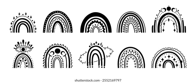 Místico boho mágico arco-íris doodle clipart isolado, preto e branco arco-íris coleção celeste, silhueta arco-íris, ícones esotéricos. Ilustração vetorial