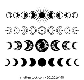 Mystical boho moon phases isolated cliparts bundle, celestial collection, phase of the moon set, magic line crescent moon, esoteric objects - black and white vector illustration