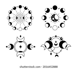 Mystical boho moon phases isolated cliparts bundle, celestial collection, moon and stars set, magic line crescent moon, esoteric objects - black and white vector illustration set