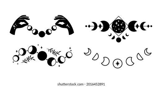 Fases de boho místico de la luna aisladas de cliparts, colección celestial, puesta de luna y estrellas, línea mágica luna creciente, objetos esotéricos - conjunto de ilustraciones vectoriales en blanco y negro