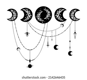 Mystical boho moon phases isolated clipart on white, celestial magic moon composition, black moons silhouette with decor, witchy esoteric objects - black and white vector