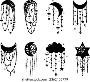 Mystical boho moon, star and cloud collection, celestial clipart, hand drawn line art mystical isolated symbols, magic illustration