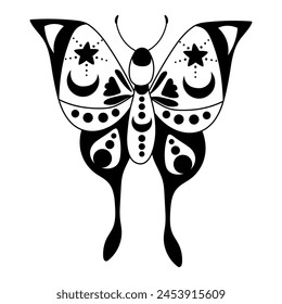 Mystical boho moth with moon phases. Design for poster, card, t shirt print