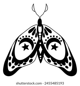 Mystical boho moth with moon phases. Design for poster, card, t shirt print