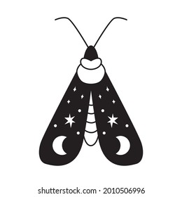 Mystical boho moth in outline style. Vector magic butterfly. Vintage monochrome print. Celestial insect.